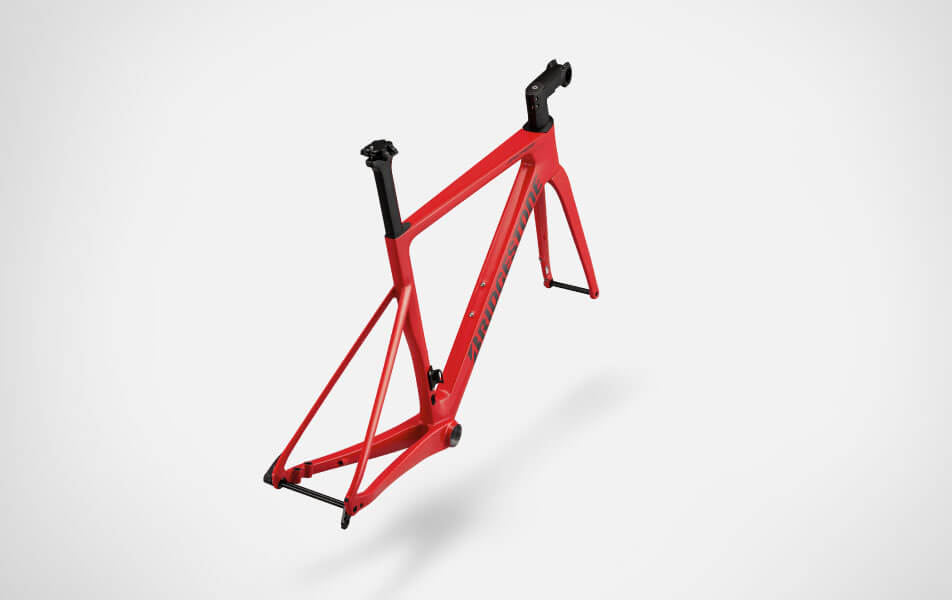 RP8 Di2 2025年モデルの限定カラー レーシングシャインレッド フレーム画像 斜め後ろ上からのイメージ
