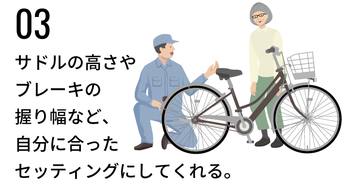 お店で自転車のセッティングをしてもらっているイラストイメージ